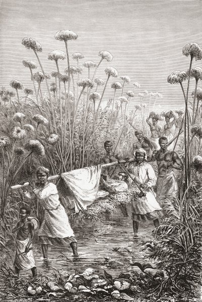 Dr. David Livingstone wordt de laatste paar mijlen naar het dorp Tchitammbo gedragen, Afrika, kort voor zijn dood, illustratie uit "The World in the Hands", gegraveerd door Henri Theophile Hildibrand door Edouard Riou