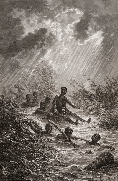 Dr. David Livingstone gedragen door dragers door een moeras tijdens zijn expeditie naar Afrika in 1872, illustratie uit 