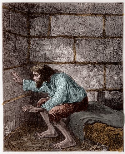 Edmond Dantes, alias de Graaf van Monte Cristo in zijn gevangenis - Gravure door Riou, in "De Graaf van Monte-Cristo" door Alexandre Dumas door Edouard Riou