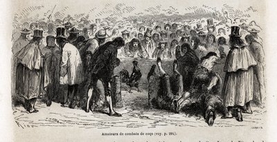 Vechtende hanen, elke zondag rond de cancha de gallos in Cuzco, tekening door Riou, ter illustratie van de reis door Zuid-Amerika van 1848 tot 1860 door Paul Marcoy. Gravure door Edouard Riou