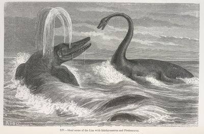 Ideaal tafereel van de lias met Ichthyosaurus en Plesiosaurus door Edouard Riou