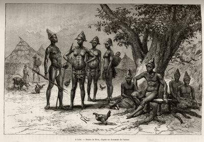 In Lera (of Dera, Niger), typen van Mandes. Gravure door Riou, ter illustratie van het verhaal 