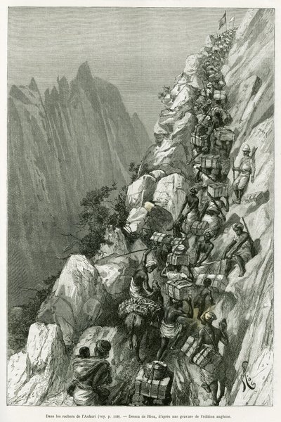 In de rotsen van Ankori. Gravure door Riou, ter illustratie van het verhaal Dans les tenebres de l