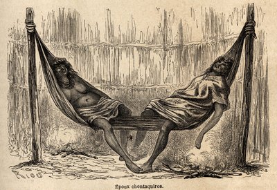 Indiase echtgenoten Chontaquiros uit Peru slapen in hun bruids hangmat door Edouard Riou