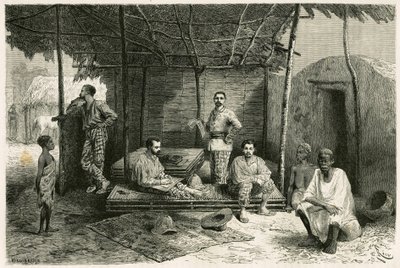 Installatie van de missie in Nango, voor een verblijf van 10 maanden, met portretten van Gallieni en zijn kapiteins Valliere en Pietri, dokter Tautain evenals zijn tolken, gids en kantiniere. Gravure door Riou, gebaseerd op een schets van de auteur, ter il door Edouard Riou