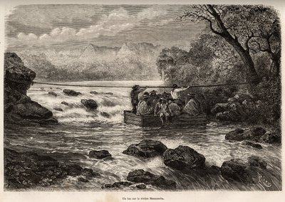 De oversteek per veerboot van de Mesacancha-rivier (Laag Peru), gravure door E.Riou ter illustratie van de reis in de bergen, de vallei van Huarancalqui en de regio