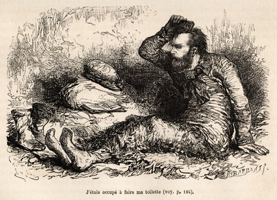 Luitenant Tyson bezig met zijn ochtendtoilet, een kam voordat hij zijn laarzen aantrekt, geëtst naar een tekening van E.Riou, ter illustratie van het verhaal van de Polaris, ijsschots, door luitenant Tyson, in 1870-1873, gepubliceerd in 