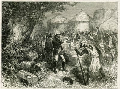 Luitenant Valliere verdedigt zich tegen de inwoners van Sibi (of Siby), een Mandingo-dorp in Hoog-Niger (het huidige Mali), waarvan de inwoners zeer verontrust waren door de komst van het verkenningsdetachement. Gravure door Riou, gebaseerd op een schets v door Edouard Riou