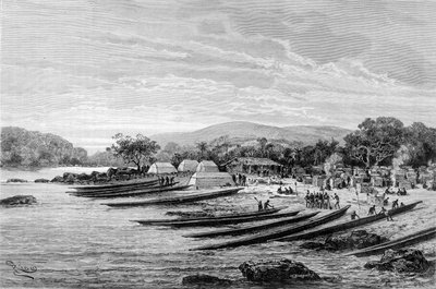 Lope hoofdkwartier in Afrika. In "Reis in West-Afrika" door Brazza door Edouard Riou