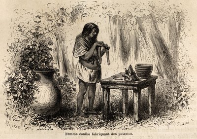 Pottenbakken door een Conibo-indiaan uit Peru, tekening door Riou om de reis van 1848 tot 1860 van P. Marcoy te illustreren. Gravure in 
