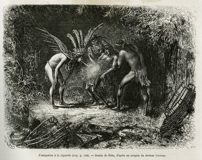 Medische fumigatie met sigaretten bij de Roucouyan-indianen. Gravure door Riou, ter illustratie van het verhaal van Cayenne aux Andes, door Jules Crevaux, arts van de Franse marine, in 1878-1879, gepubliceerd in 