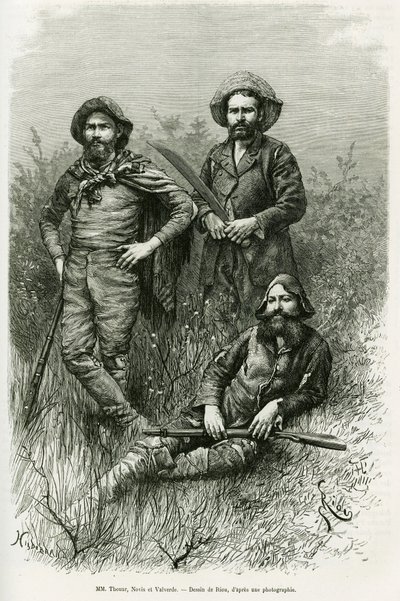 Leden van de expeditie: Mr. Thouar, Mr. Novis en Mr. Valverde. Gravure door Riou, ter illustratie van het verhaal Voyage dans le Chaco Boreal door Edouard Riou