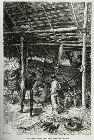 Ochtendaanval op de hut van de ontdekkingsreiziger door Indianen van de oevers van de Amazone. Gravure door Riou, ter illustratie van het verhaal van Cayenne naar de Andes, door Jules Crevaux, arts van de Franse marine, 1878-1879, gepubliceerd in 