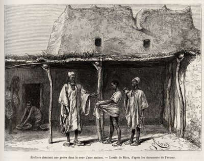 Moslimschoolkinderen zingen een gebed op de binnenplaats van een huis, beoefend in het land van Kong (Niger), de schoolkinderen ontvangen een handvol kaurischelpen, die ze aan hun leraar overhandigen en die overeenkomt met een soort belasting voor openbaar door Edouard Riou