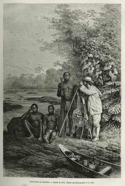 Observatie met theodoliet, Dr. Crevaux met zijn meetinstrumenten en zijn team van gidsen en dragers, in volle werksessie, gravure naar een tekening van Riou, ter illustratie van het verhaal De Cayenne aux Andes, door Jules Crevaux, arts van de Franse marin door Edouard Riou