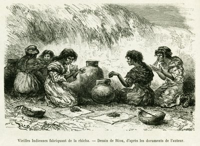 Oude Indiase vrouwen maken shisha. Gravure door Riou, ter illustratie van het verhaal Voyage dans le delta du Pilcomayo et de Buenos Aires a Sucre door Edouard Riou