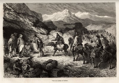 P.Marcoy vindt een vriend, die kolonel van genie en post werd in een grot nabij het meer van Cailloma, samen ontvangen ze het bezoek van de notabelen van de stad, geëtst naar een tekening van E.Riou, ter illustratie van de reis in de bergen, de Huarancalqu door Edouard Riou