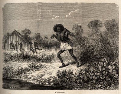 Paniek onder de Conibos-indianen, die vluchtten bij de aankomst van de expeditie van Paul Marcoy nabij Tumbaya (Peru), die zelf het slachtoffer was van een kwade bezwering door een oude indiaan, tekening door Riou om de reis van 1848 tot 1860 van P. Marcoy door Edouard Riou