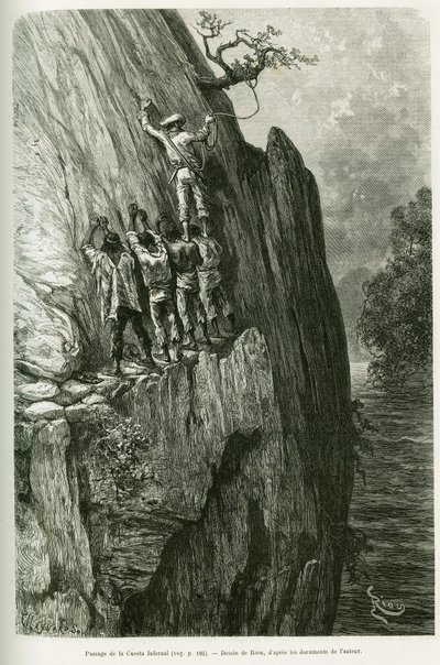 Passage van de Cuesta Infernal. Gravure door Riou, ter illustratie van het verhaal Voyage dans le delta du Pilcomayo et de Buenos Aires a Sucre door Edouard Riou