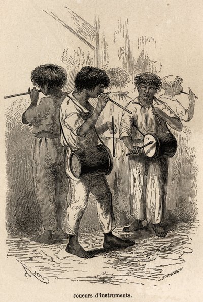 Spelers van muziekinstrumenten in Sarayacu (Peru), tekening door Riou, om de reis van Paul Marcoy van de Stille Oceaan naar de Atlantische Oceaan van 1848 tot 1860 te illustreren. Gravure in 