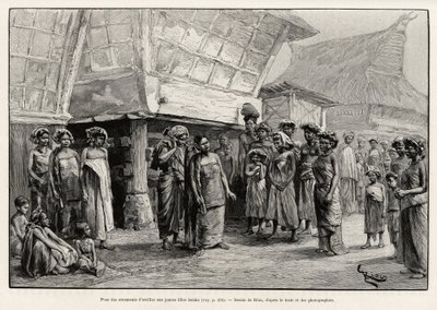 Oorsieraden spelend met Batak meisjes, etnische groep van Noord-Sumatra. Gravure door Riou. door Edouard Riou
