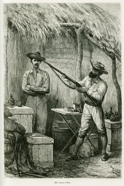 Portret van de auteur Victor Giraud, een scheepsvaandrig en zijn reiziger, Montagu Kerr, een jager. Gravure door Riou, ter illustratie van het verhaal 