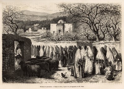 Processie naar de Marabout de Tlemcen (graf met een koepel van een vereerde man van de islam), gegraveerd naar een tekening van E. Riou, ter illustratie van de reis naar Tlemcen (Algerije), door E. de Lorral, in 1875, gepubliceerd in 