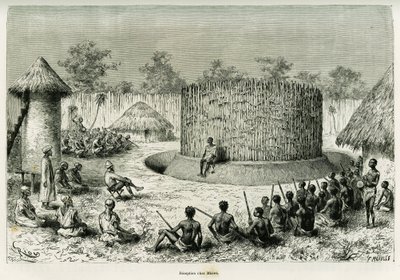 Ontvangst bij Mkwewe, stamhoofd, met de verteller. Gravure door Riou ter illustratie van het verhaal 