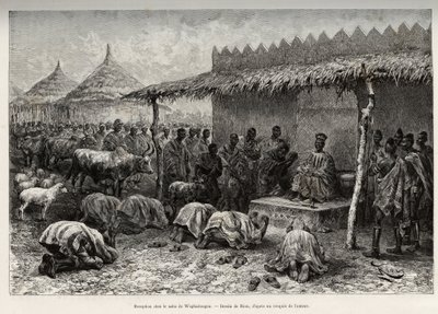 Ontvangst bij de naba Sanem, van het Mossi-koninkrijk (of Mosse) van Waghadougou (Ouagadougou, Burkina Faso). Gravure door Riou, ter illustratie van het verhaal 