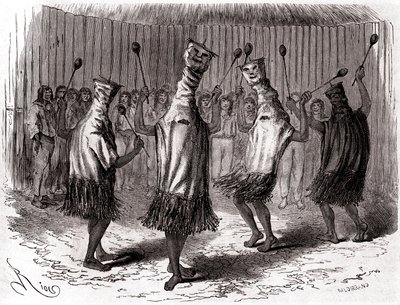 Rituele dans van de Ticuna-indianen van Peru met vermommingen en maskers door Edouard Riou
