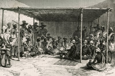 Ondertekening van het verdrag dat het land van Kita (voormalig Frans Soedan, huidig Mali) op 25 april 1880 onder het protectoraat van Frankrijk plaatste tussen commandant Joseph Gallieni (1849-1916) en Tokontan Keita. Gravure door Riou, gebaseerd op een sc door Edouard Riou