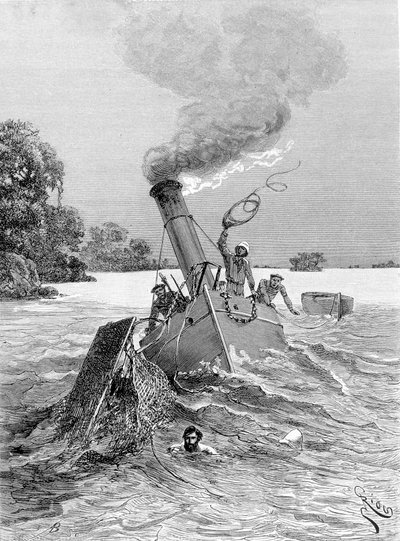 Zinken van de stoomboot. In 