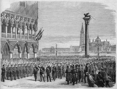 De koning van Italië Victor Emmanuel II (Victor Emmanuel) (Vittorio Emanuele) in Venetië op het San Marcoplein. Na de nederlaag van de Oostenrijkers bij Sadowa werd Venetië in 1866 heroverd op het Koninkrijk Italië. Gravure naar een tekening van Crepon en  door Edouard Riou