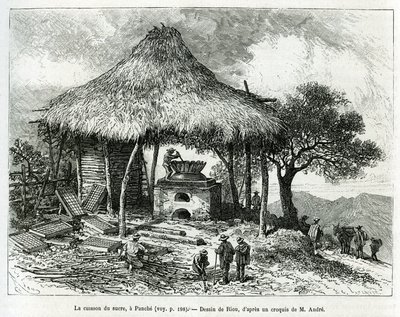 De suikerbakoven, in Panche (Colombia), illustratie van het verhaal van Equinoxiale Amerika (Colombia, Ecuador, Peru), in 1875-1876, door Ed. Andre, reiziger missie belast door de Franse regering. Gravure in Le tour du monde door Edouard Riou