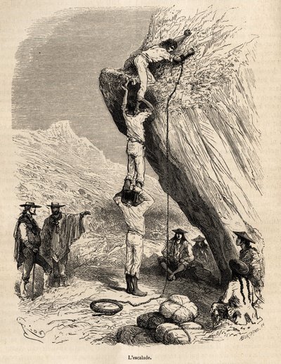 De beklimming van de toppen van de Andes door de Marcoy-expeditie vereist de meest acrobatische middelen: hier, om een rotsachtige piek te beklimmen, klimmen de Indianen op elkaars schouders om de top te bereiken, gravure door E.Riou ter illustratie van de door Edouard Riou