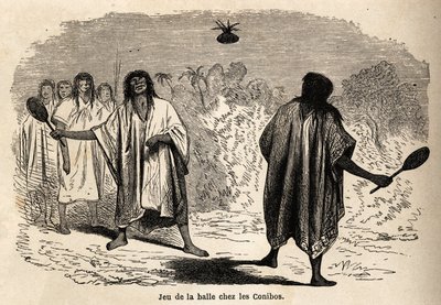 Het balspel, onder de Indiase conibos van Peru. Gravure in Le tour du monde, bewerkt door Edouard Charton. door Edouard Riou