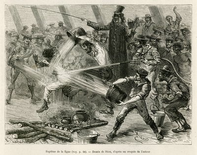 De doop van de lijn, een matroos droeg een oude soutane en hield een toespraak voor de andere matrozen van de bemanning, elk gewapend met een emmer water, die ze over de mos of de jonge matroos gieten die voor het eerst de denkbeeldige lijn van de evenaar  door Edouard Riou