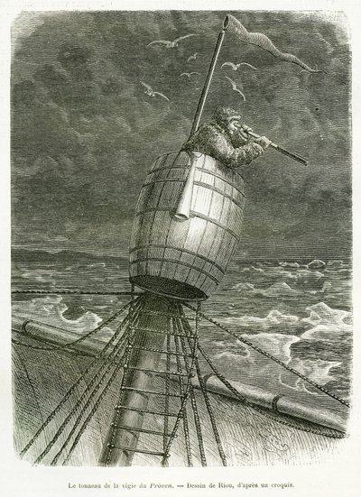 Het vat van de wacht van de boot Proven, tekening door Riou, ter illustratie van het verhaal van professor Nils Adolf Erik (Eric) Baron Nordenskjold (Nordenskiold) (1832-1901): Zweedse poolexpeditie, in 1875. Gravure in 