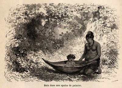 Het bad van het kind in een palmblad. Tekening door Riou, ter illustratie van de reis van de Stille Oceaan naar de Atlantische Oceaan door Edouard Riou