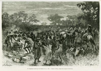 Het kamp overvallen door de indianen. Gravure door Riou, ter illustratie van het verhaal 