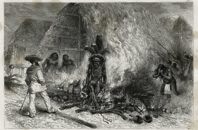 De crematie van een Roucouyenne (of wayana), stam die langs de Mana- en Maroni-rivieren leeft, tegenover de brandstapel, Dr. Crevaux, gravure door Riou, ter illustratie van de ontdekkingsreis in het binnenland van Guyana door Dr. Jules Crevaux, arts van de door Edouard Riou