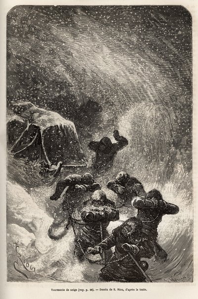 De bemanning van het schip La Germania, afgedaald op het ijs voor een jachtspel, werd verrast door een sneeuwstorm tijdens het slepen van de slee met hun materiaal, gravure naar de tekening van E. Riou, ter illustratie van een reis naar de Noordpool in 186 door Edouard Riou
