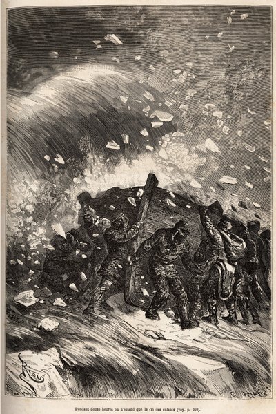 De boot van de bemanning wordt gevangen in een verschrikkelijke storm. Gravure naar een tekening van E. Riou. door Edouard Riou