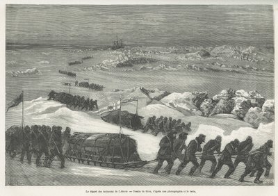 Het vertrek van de Alert-sleden, schip van de poolexpeditie, tekening door Riou, ter illustratie van het verhaal van een reis naar de poolzee in 1875-1876, door kapitein G.S. Nares. Gravure in Le tour du monde. door Edouard Riou