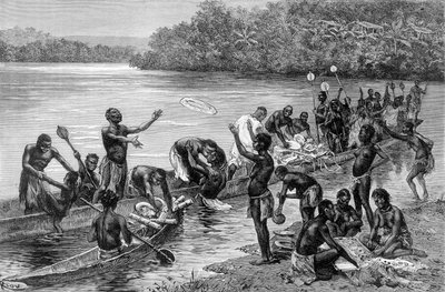 De verschillende activiteiten van de stam van het dorp Adouma in Afrika. In 
