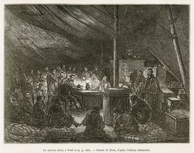 De goddelijke dienst aan boord, elke zondag om twaalf uur, verzamelt de bemanning zich onder een tent op het dek, een eenvoudige lezing van het evangelie door de kapitein van het schip dient als viering. Gravure naar de tekening van Riou, ter illustratie v door Edouard Riou