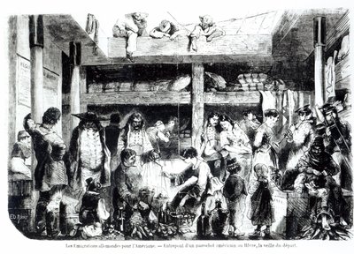 De avond voor vertrek naar Amerika - Duitse emigranten vertrekken naar de VS in het tussendek van een Amerikaanse lijnboot in de haven van Le Havre, c.1850 door Edouard Riou
