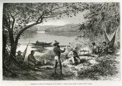 Het kamp van de ontdekkingsreizigers, bij de samenvloeiing van de Orenoque en de Cabullero rivier door Edouard Riou