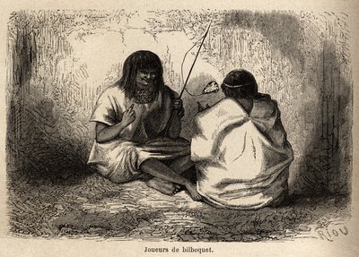 Het spel van de bilboquet, met een schildpadkop, onder de Conibos-indianen van Peru, tekening door Riou om de reis van 1848 tot 1860 van P. Marcoy te illustreren. Gravure in 