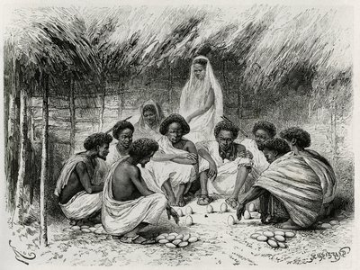 Het spel van de beker, of het spel van de vlieg, voor elke speler zijn inzet, hier een ei in het zand, dan wachten allen in stilte tot een vlieg op een ei landt en de winnaar trekt die alle inzetten wint, in Somalië (of Somaliërs). Gravure door Riou, ter i door Edouard Riou